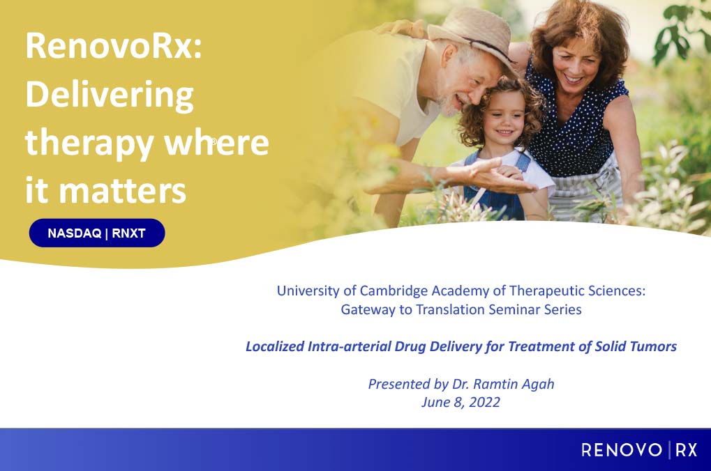 Picture of grandparents with their grandchild looking at flowers, with the title RenovoRx: Delivering therapy where it matters, along with NASDAQ symbol RNXT